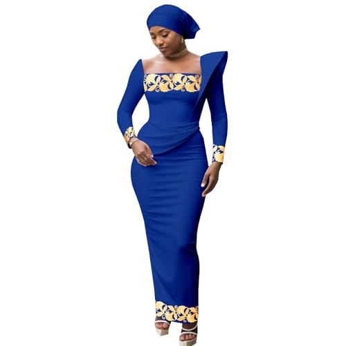 Image of African Dresses for Women High Waist Embroidery Elegant Traditional Midi Dress with Headscarf