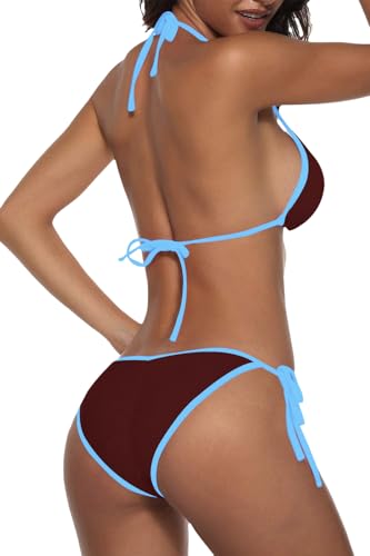 Image of Suvimuga Women Two Piece Swimsuit Color Block Swimwear Halter String Triangle Bikini Sets