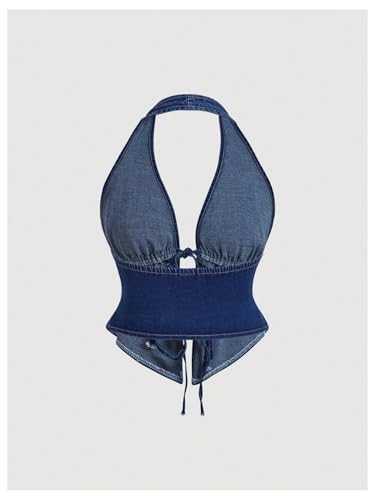 OYOANGLE Women's Vintage Tie Front Cut Out Denim Halter Tops Open Back Crop Jean Vest Streetwear2