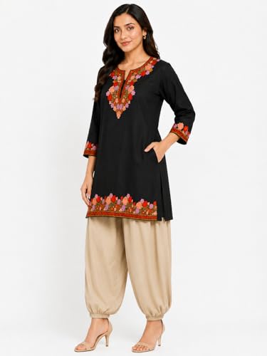 Image of HAUTEMODA Women Cotton Floral Embroidered Short Kurti, Tunic, Three-Fourth Sleeves, White