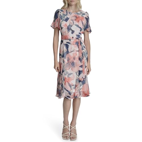 Image of DKNY Women's Flutter Sleeve Round Neck Waist Tie Midi Dress