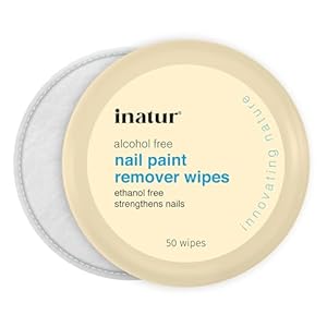inatur Nail Paint Remover Wipes (50 Wipes), Ethanol Free, Strengthens Nails, With Almond Oil and Vitamin E, Oil-Based, 100% Natural.