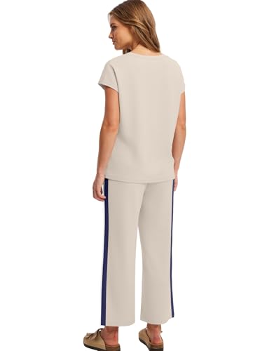 Image of Saloogoe Two Piece Sets for Women Summer Outfits Lounge Sets V Neck Tops Wide Leg Pants Woman Vacation Travel Outfits