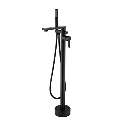 Review Wowkk Freestanding Bathtub Faucet Tub Filler Black Floor Mount Brass Single Handle Bathroom Faucets with Hand Shower