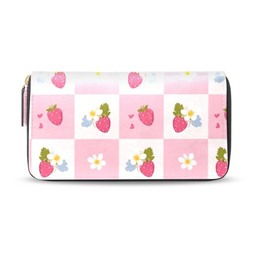 Long Wallets Leather Bifold Wallet for Women Strawberry Plaid with Zipper Credit Card Holder Large Capacity