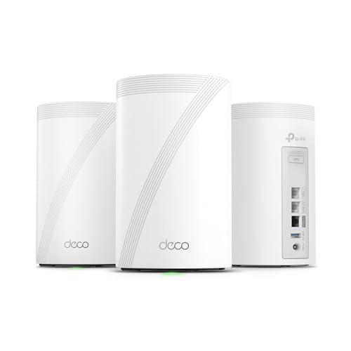TP-Link Deco 7 Pro BE14000 Tri-Band Wi-Fi 7 Whole Home Mesh System | 8-Stream 14 Gbps | 10 Gbps WAN/LAN Port | Up to 8100 Sq.ft, 200 Devices Capacity | 320 MHz, HomeShield, AI-Roaming (BE67 3-Pack)