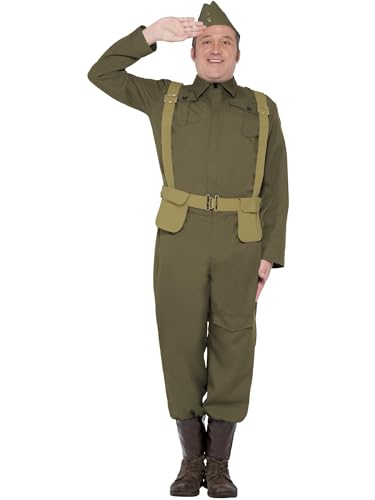 Smiffys Disfraz de soldado raso del cuerpo de voluntarios de la 2ª Guerra Mundial, pantalones, espinilleras, chaqueta, gorra y cinturón arnés Halloween, Carnaval