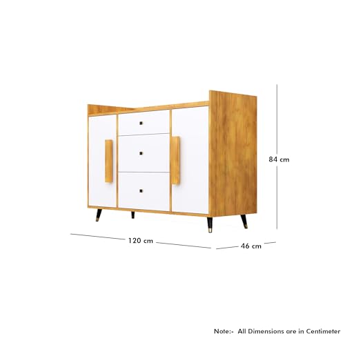 Image of Bniture Wooden Sideboard Cabinet for Living Room | Wooden Storage Cabinet with 2 Door & 3 Drawer | Engineered Wood Multipurpose Cabinet with Spacious Shelves for Home | Giant Wood & Frosty White