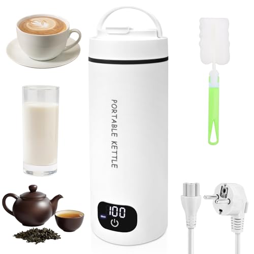 SCANTEE 450ML Pequeño Hervidor de Agua Portátil, 4-Temperaturas Hervidor de Agua Eléctrico 3 en 1 Taza de Agua Eléctrica Acero Inoxidable 304 Apagado Automático para Hacer Leche Café y Té Libre de BPA