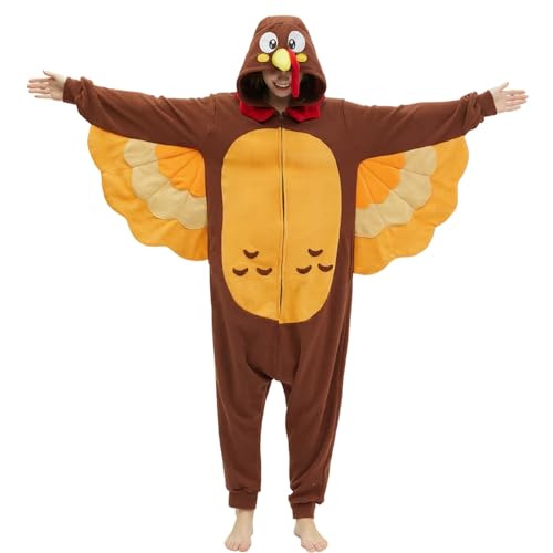 Forfamy Turkey Adult Onesie Thanksgiving Plush Costume Animal Onesies Pajamas Unisex Adults Cartoon Cosplay Halloween Sleepwear (Medium)