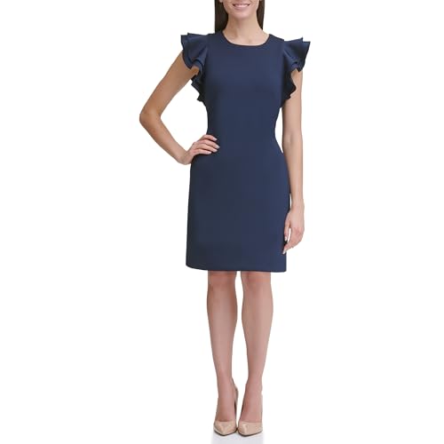 Image of Tommy Hilfiger Women's Sleeveless Ruffle Hem Jewel Neck Crepe Sheath Mini Dress