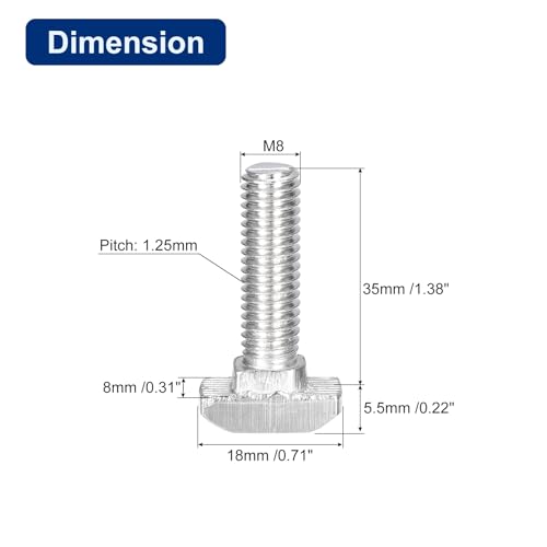 Image of uxcell 30Pcs T-Slot Bolts, M8 x 35mm Hammer Head Bolt T Screw Drop-in Stud for 4040 Series T-Slot Aluminum Extrusion Profile, 304 Stainless Steel, Silver