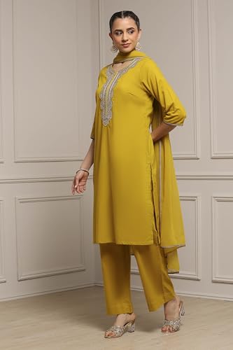 Image of BIBA Cotton Dyed Straight Festive Kurta With Palazzo And Dupatta