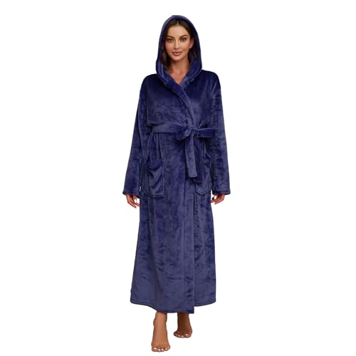 HEARTNICE Womens Long Hooded Robe, Soft Warm Fleece Bathrobes Full Length Plush House Coat