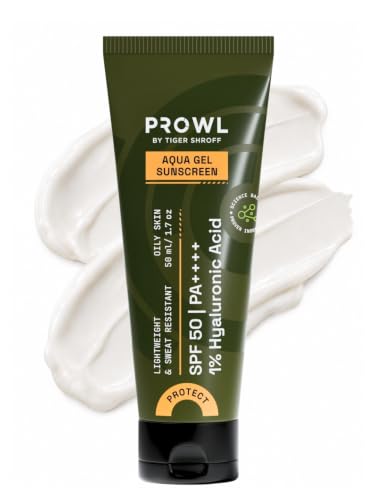 Image of PROWL by Tiger Shroff Aqua Gel Men Sunscreen SPF50 PA++++ for Oily Skin | Face Sun Screen with 1% Hyaluronic Acid | Lightweight, Sweat Resistant Sun Cream for Oily, Dry & All Skin Types | 50ml