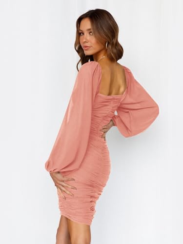 Image of MASCOMODA Women Elegant Square Neck Lantern Long Sleeve Mini Ruched Bodycon Dress Stretch Mesh Slim Party Cocktail Dresses