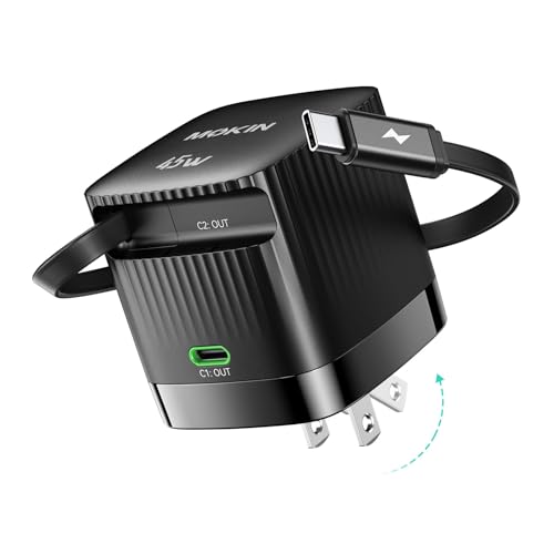 Image of USB-C Charger Block, 45W GaN 2 Port Fast Charging w /Built-in Retractable C Cable & Foldable Plug, PD /PPS for iPhone 16Pro Max /16 /Pixel 9 pro /Galaxy /iPad /MacBook (Black)
