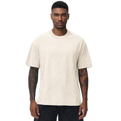 Image of Men's Oversized Cotton T-Shirts Loose Fit Vintage Washed Tee Unisex Short Sleeve Casual Shirts Tops