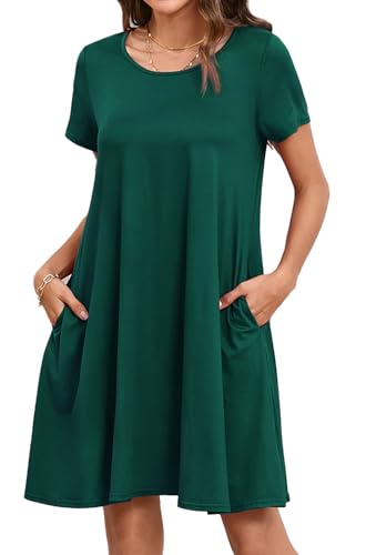 Enmain Vestido Estilo Camiseta para Mujer de Verano de Manga Corta con Bolsillos túnica Vestido Casuales Bohemios hasta la Rodilla para Mujer, Verde, L