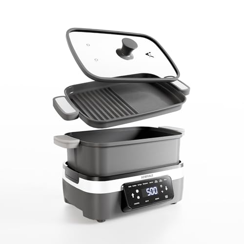 AEWHALE Multifunctional Electric Skillet with Grill|8 Cooking Functions|Removable Non-Stick Plate+Pot+Lid,1500 W Digital Family Size Griddle