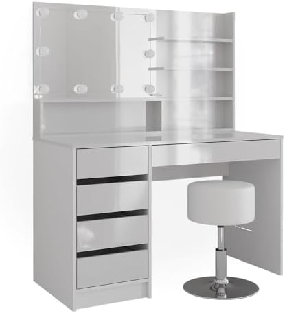 Vicco coiffeuse Sherry, Blanc Haute brillance, 120 cm avec éclairage LED et banc - Maison