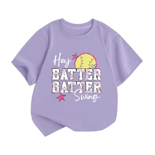 GANGXCHEN Softball Shirts for Girls Hey Batter Batter Swing Shirt Kids Funny Softball Graphic Short Sleeve Tee Tops(Purple 7-8Y)