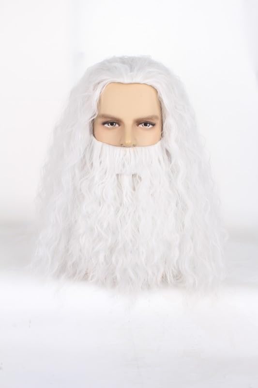 Perruque de magicien blanche avec barbe pour fête déguisée Halloween