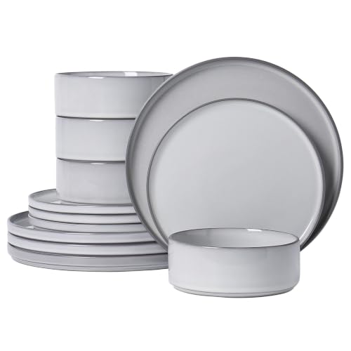 Image of Dinnerware Sets for 4, 12 pcs Reactive Glaze Plates and Bowls Sets, Gary | Large Size Modern Stoneware Dishes, Chip & Scratch Resistant, Dishwasher and Microwave Safe Tableware, Glossy
