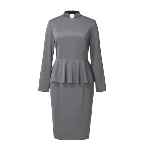 Image of FAD-4U Church Clergy Dress for Women Minister Long Sleeve Ruffle Slim Pencil Dress with Tab Insert Stand Collar