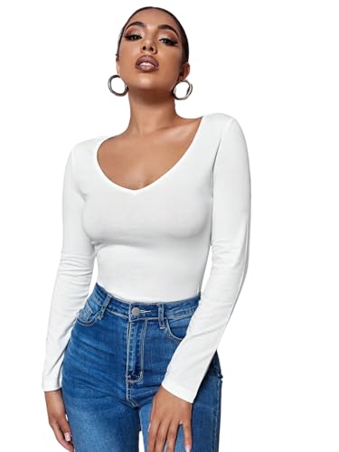 Image of Aahwan Women Cotton Blend Solid V-Neck Full Sleeves Fitted Tee Top