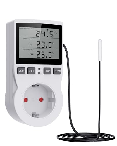 Sanicata Termostato Enchufe Digital, Temporizador Programador 250V con Sensor y Pantalla LCD, Ideal para Calefacción, Refrigeración, Protectores de Heladas, Invernaderos y Acuarios.