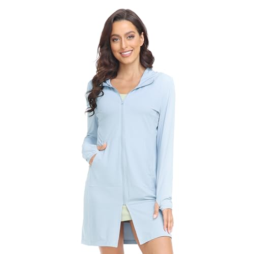 HISKYWIN Women's UPF 50+ UV Sun Protection Hoodie Long Jacket Workout Long Sleeve Zip Shirt Lightweight Outdoor Hooded HF860 Light Blue XL