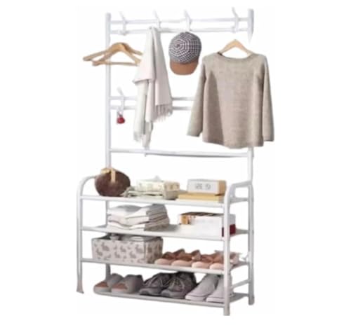 Porte-manteau avec étagère à chaussures, blanc, métal, 4 étagères, organisateur d'entrée avec crochets, porte-chaussures et porte-objets