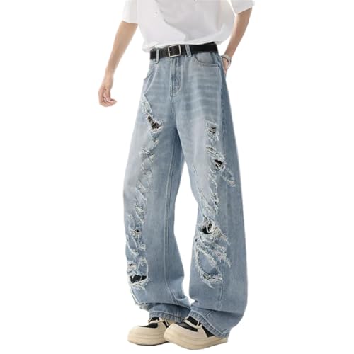 Men's American Style Distressed Tie Dye Jeans Washed Loose Wide Leg Solid Color Hole Denim Pants