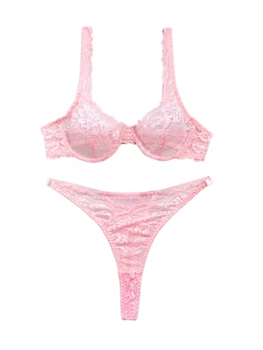 Image of Lilosy Sexy Floral Lace Scallop Underwire Push Up Sheer Lingerie Set Outfits