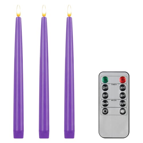 Image of CVHOMEDECO. Flameless Taper Candles with 10-Key Remote, Battery Operated Led Flickering 3D Wick Window Candles Real Wax Finished Home Christmas Party Decor 0.78 x 11 Inch, Pack of 3, Purple
