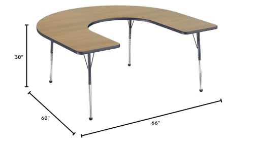 Image of FDP Horseshoe (60 x 66 inch) Collaborative Teacher Classroom Table with Adjustable Standard Ball Glide Legs (19-30 in); School and Office Furniture - Pasadena Oak Top /Navy Edge and Legs
