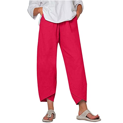 Bell Bottom Pants for Women Capri Pants Cotton Linen Wide Leg Capris Casual Summer Cropped Pants Beach Elastic Waist Baggy Crop Trousers