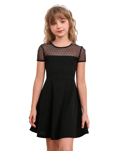 SOLY HUX Girl's Dresses Sheer Mesh Short Sleeve High Waist A Line Flared Short Dress