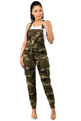 Twiin Sisters Women's Fashion Drawstrings Stretch Relaxed Fit Adjustable Cotton Cargo Jumpsuit Overalls - Medium, Camouflage #TOP2