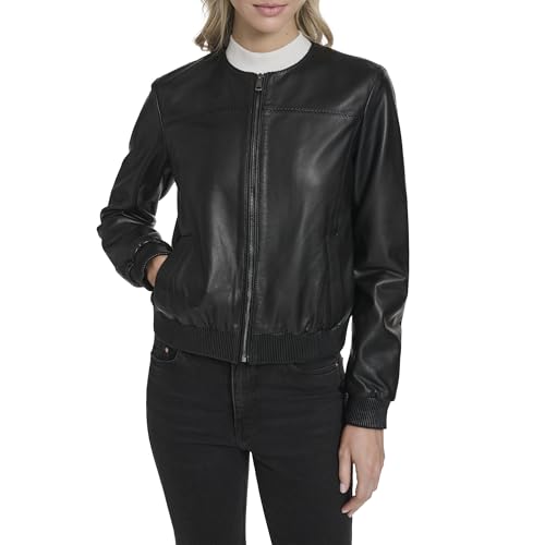 Cole Haan Women's Collarless Leather Bomber Jacket, Black, Medium