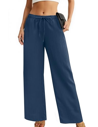 Womens Wide Leg Palazzo Pants Dressy Casual Lounge Baggy Pant Summer Travel Loose Drawstring Elastic Waist Trouser with Pockets Navy Blue S