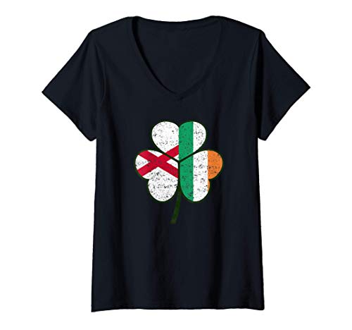 Mujer St Patricks Day Irish English Flag Shamrock Clover Hearts Camiseta Cuello V