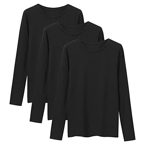 LiKing Camiseta de Manga Larga Mujer Básico Camisa Blusas Tops con Cuello Redondo en Algodón, Pack de 3 Negro 6151 Small