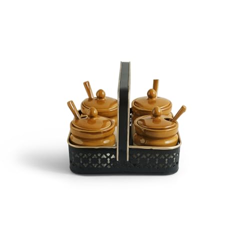 Image of ExclusiveLane 'Barni Tales' Ceramic Pickle Jars for Dining Table With Spoon & Iron Holder (Set Of 4, Non-Airtight, 270 ml) | Pickle Jar With Spoon Achar Jar Set Achar Container Set for Dining Table|