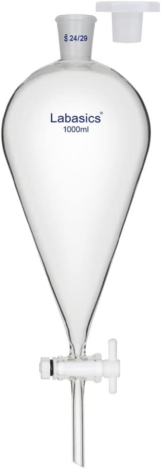Conical Separatory Funnel, 1000 ml Heavy Wall Borosilicate Glass Separating Funnel with 24/29 Joints and PTFE Stopcock
