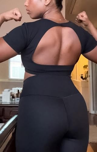 Aoxjox Short Sleeve Crop Tops for Women Clarissa Hollow Back Workout Cropped T Shirt Top (Black, Medium)