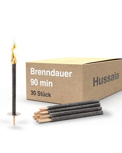 Hussala Diamond Wachsfackeln [30 Stück / 90 min] mit Holzstab und Tropschutz, Garten Fackeln aus Diamond-Wachs