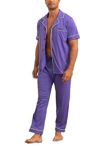 Image of COLORFULLEAF 100% Cotton Mens Pajamas Set Short Sleeve Loungewear with Long Pants Button Down Sleepwear Soft Comfy Pj for Men