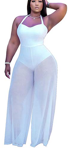 OLUOLIN Sexy Jumpsuits for Women Vacation Outfits - Mesh See Through Long Pants Set Clubwear White 2XL